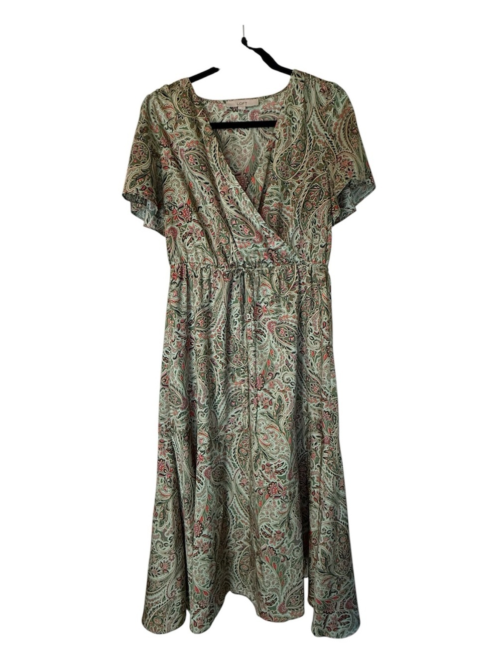 LOFT Sage and Coral Paisley Faux-Wrap Midi Dress